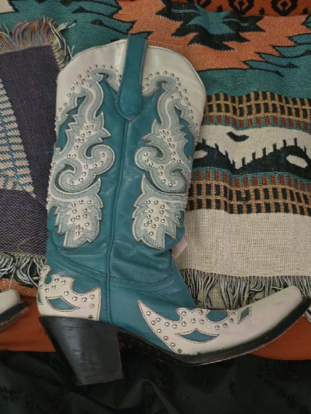 Women’s Teal and Cream Western Heeled Boots - Picture 9 of 10